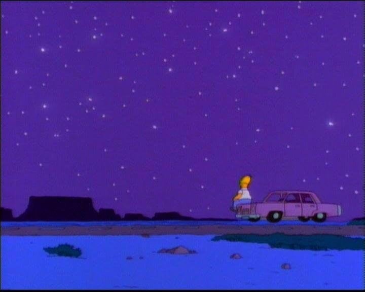 "Homer remains well into the night, sitting on his car and watching the