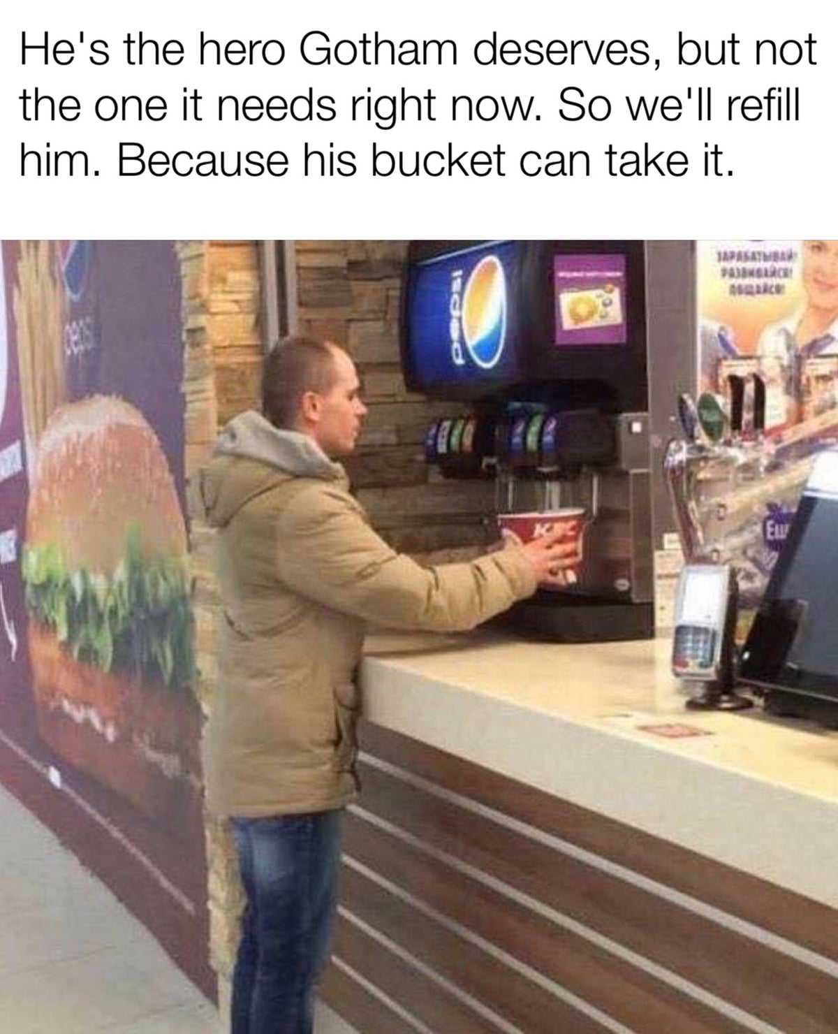 Guy uses his KFC bucket for soda refill. MLTSHP