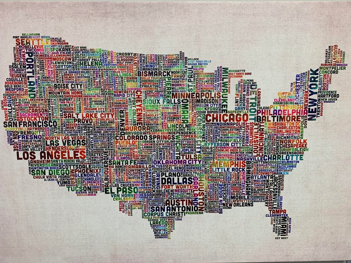 Wordle/map of mainland USA showing city size MLTSHP