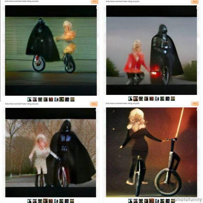 [dalle] dolly parton and darth vader riding unicycles.jpg MLTSHP