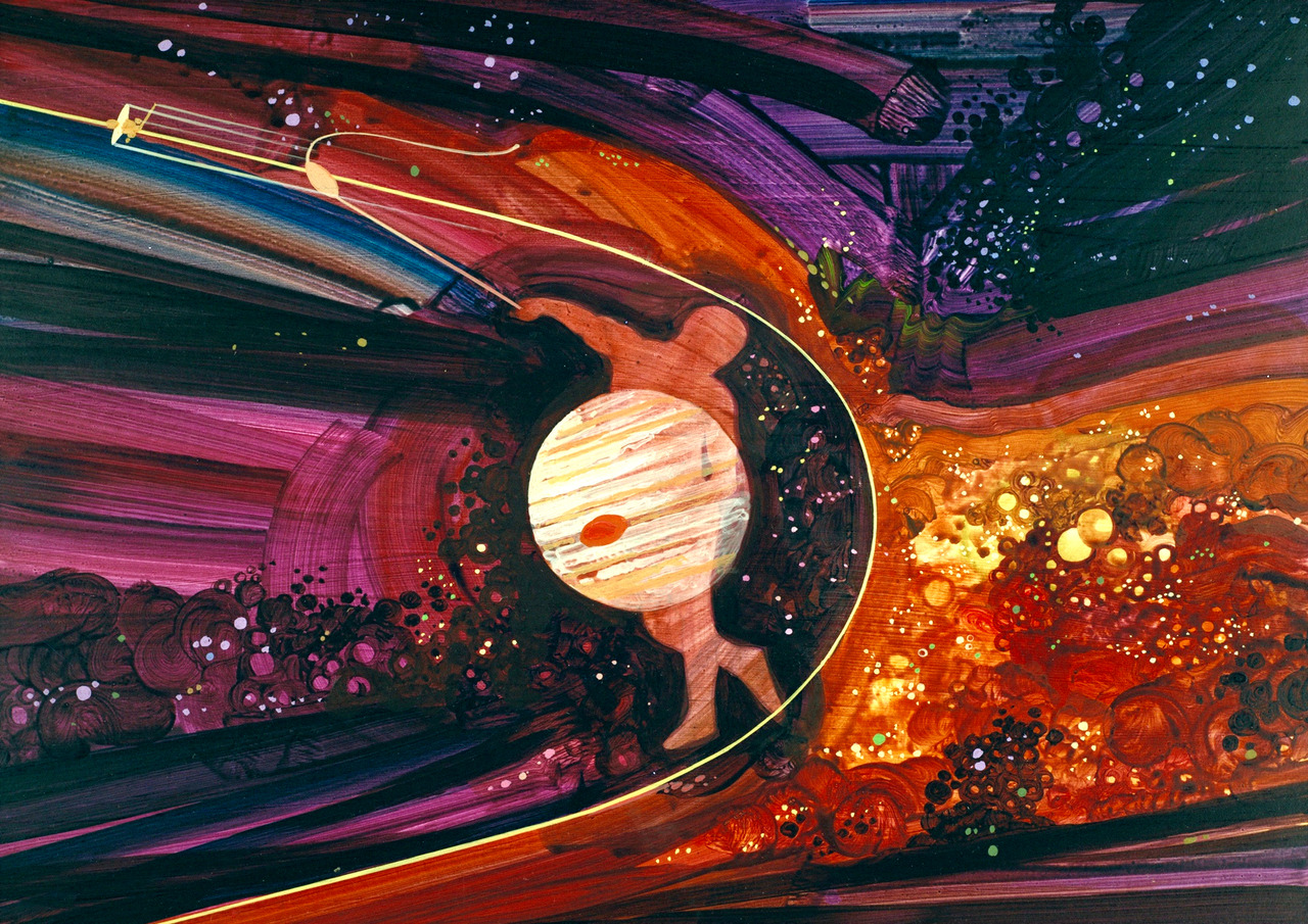 1973 NASA art by Rick Guidice shows a Pioneer probe using the gravity of Jupiter to slingshot its way to the outer planets.