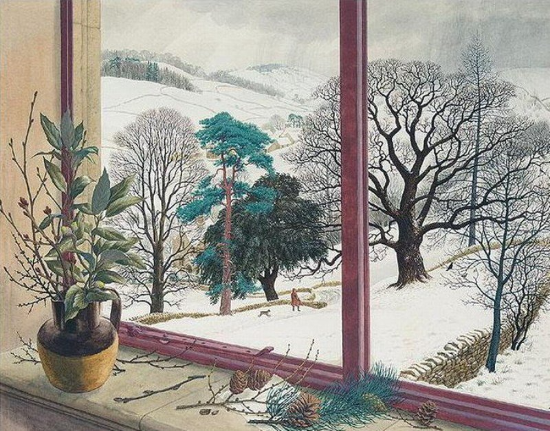 A winter landscape seen through a house window. Inside, a house plant, some collected branches, pine cones. Outside, snow on a rural village, a person and a dog walking down a snow covered lane.